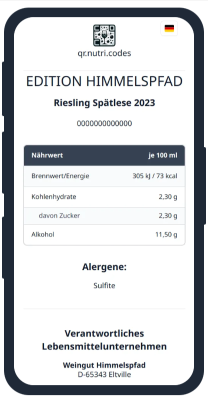 Mobile phone showing nutri.codes wine e-label with nutritional values and ingredients in multiple languages